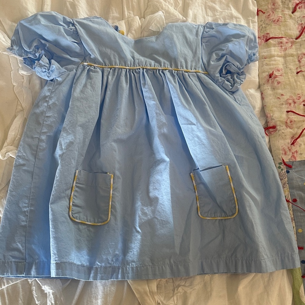 Light Blue Dress with Puff Sleeves and Yellow Trim